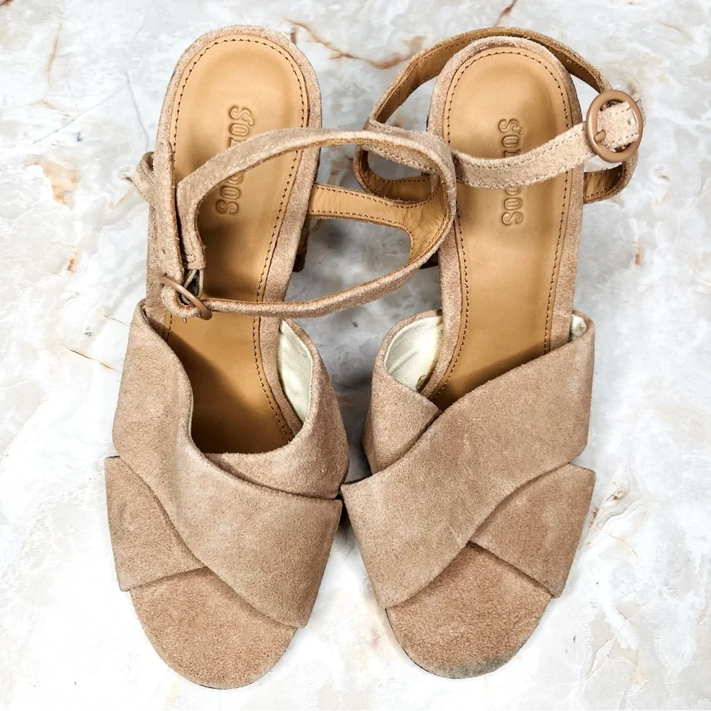 SOLUDOS Olivia Leather Suede Strappy Sandals Raffia Heel in Brown Desert 7